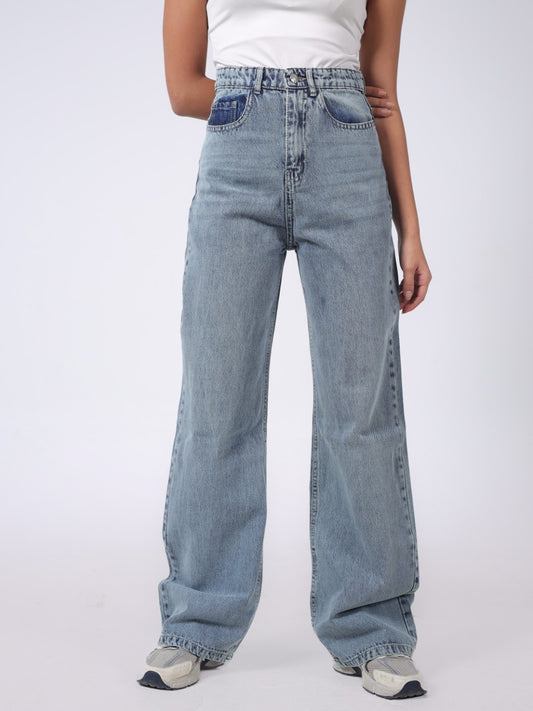 WASHED BLUE WIDE LEG DENIM